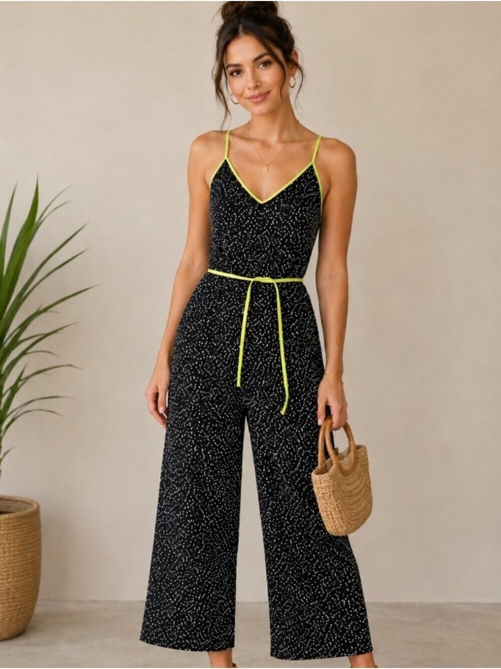 Primark Black & White Polka Dot Wide-Leg Jumpsuit with Neon Yellow Trim Size 2